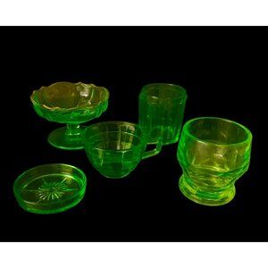 5 Pieces Uranium Green Depression Glass Compote Cup Tumbler Jar Coaster Glows
